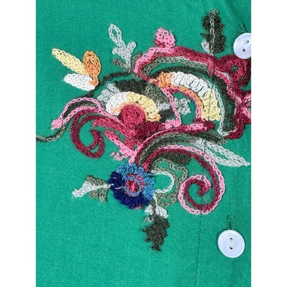 Kindred Anthropologie Blouse Womens Medium Kelly Green Embroidered Floral Boho - Picture 5 of 13